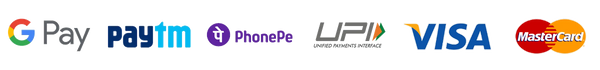 Logos of various payment methods including Google Pay, Paytm, PhonePe, UPI, Visa, and Mastercard.